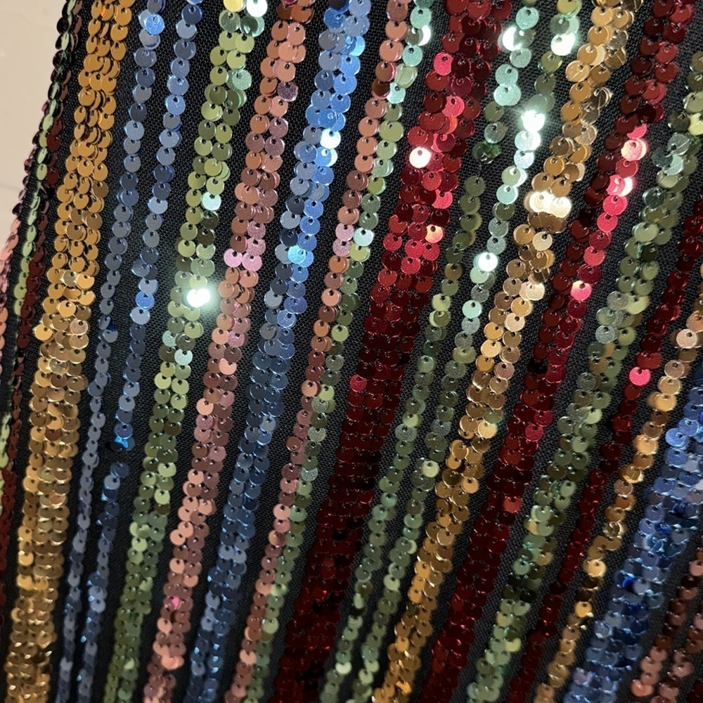 Bebe Rainbow dress Sequin Sheath cowl Draped Back small Stretchy Black NEW - Picture 5 of 6
